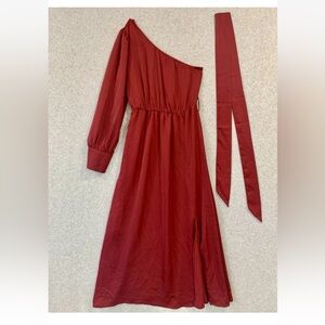 Red One Sleeve Off The Shoulder Burgundy Gown Dress Slit Kirundo Silky M Sexy